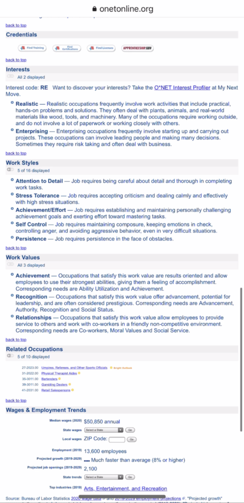 Screenshot of job research website ONET